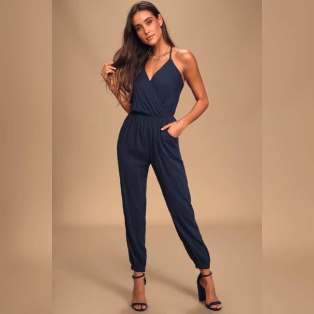 Lulus Learning to Fly Navy Blue Halter Jumpsuit size xs